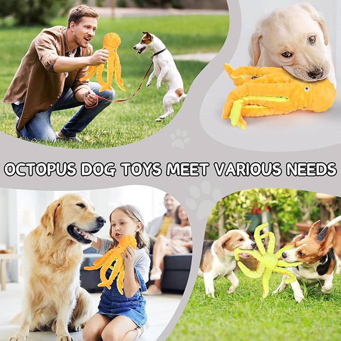 Octopus Squesky Dog Toys for Large Medium Small Dogs, Stuffed and Tough Plush Dog Toys for Aggressive Chewers(Yellow)