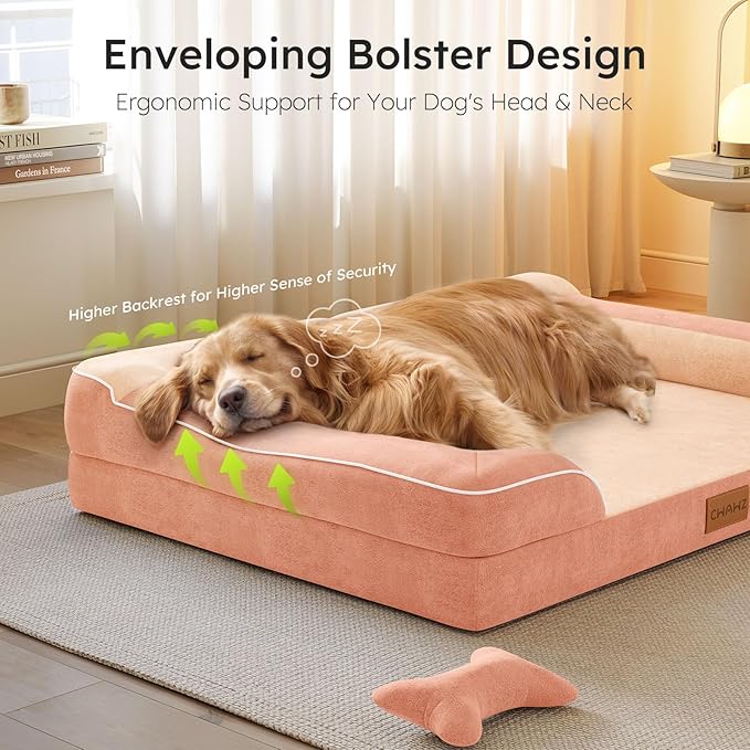 CWAWZ Dog Beds for Large Dogs, Orthopedic Dog Bed with Cooling Gel Memory Foam, Waterproof Large Pet Bed with Removable Washable Cover, 36" Pet Sofa Couch Dutch Velvet with Bone Toy, Peach Pink