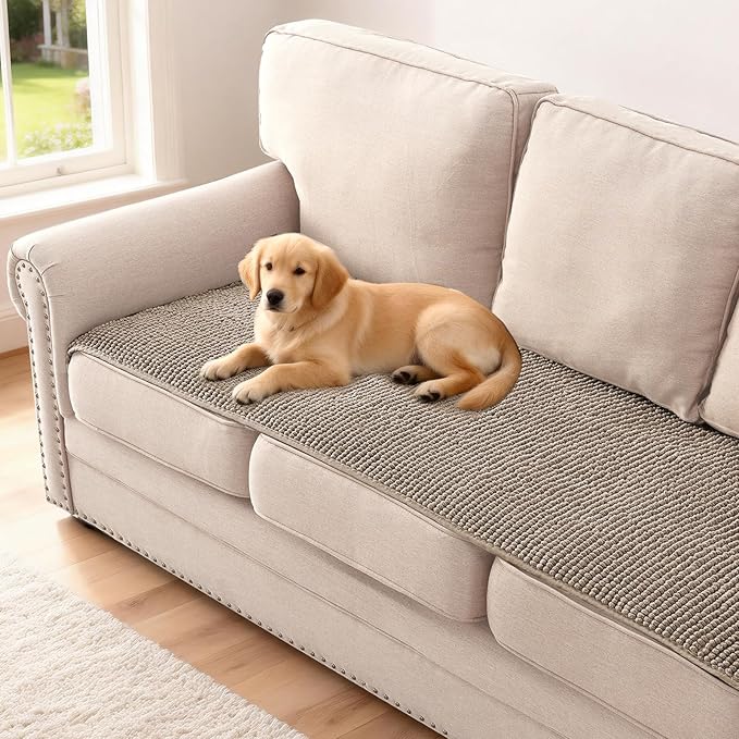 H.VERSAILTEX Plush Chenille Couch Cover for 3 Cushion Couch Anti Slip Washable Sofa Slipcovers Soft and Durable Furniture Protector for Dogs Cats Kids (27.5" x 59", Taupe)