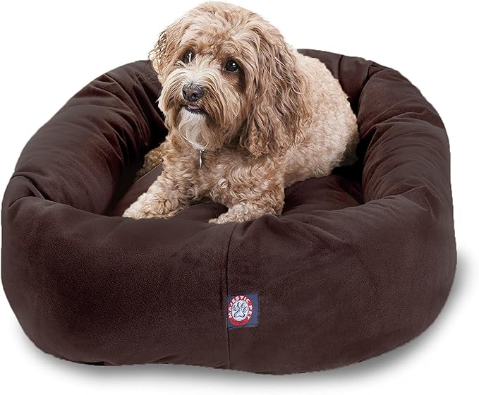 Majestic Pet 32 Inch Suede Calming Dog Bed Washable 32x23x7 (Inch) – Cozy Soft Round Donut Dog Bed with Spine Support for Dogs to Rest Their Head - Pet Bed Medium – Chocolate