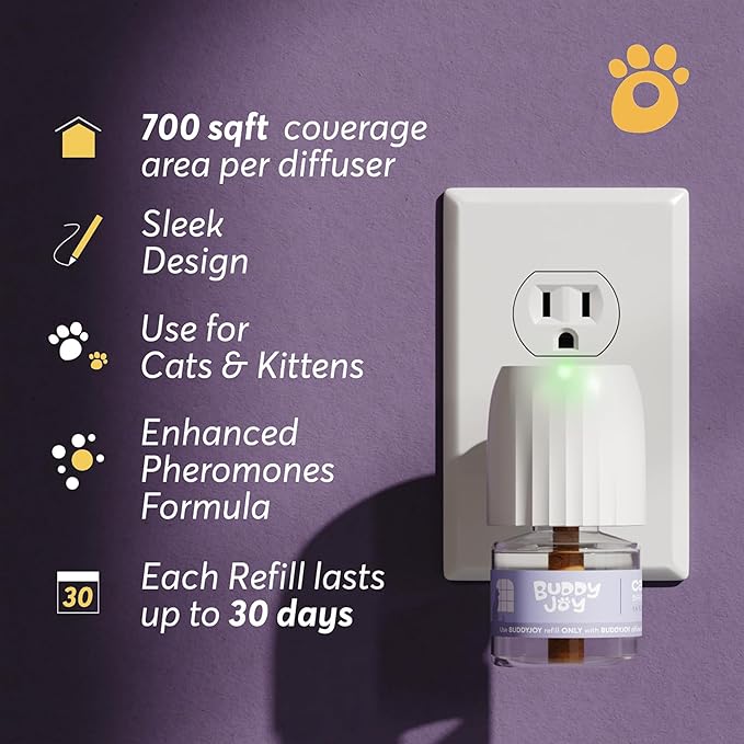 BUDDYJOY Cat Calming Diffuser Refills – Long-Lasting 30-Day Formula, Cat Pheromones Calming Diffuser for Stress Relief, Relaxation, and Anxiety Reduction, Easy to Use – (2 Diffusers + 2 Refills)
