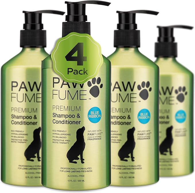 PAWFUME Dog Shampoo and Conditioner, Blue Ribbon, 4-Pack – Nourish & Detangle for a Silky Soft Coat – Probiotic, Deep-Cleaning, pH-Balanced Formula – Puppy Shampoo and Conditioner for All Breeds