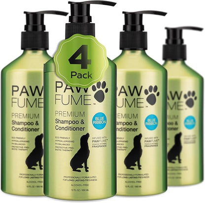 PAWFUME Dog Shampoo and Conditioner, Blue Ribbon, 4-Pack – Nourish & Detangle for a Silky Soft Coat – Probiotic, Deep-Cleaning, pH-Balanced Formula – Puppy Shampoo and Conditioner for All Breeds