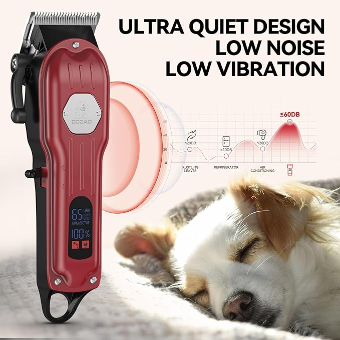 Dog Grooming Kit for Heavy Thick Hair & Coats, Low Noise Trimmer, Rechargeable Cordless Pet Shaver With Stainless Steel Blade, Clippers for Small Large Dogs Pets (Red)