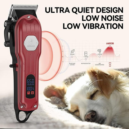 Dog Grooming Kit for Heavy Thick Hair & Coats, Low Noise Trimmer, Rechargeable Cordless Pet Shaver With Stainless Steel Blade, Clippers for Small Large Dogs Pets (Red)