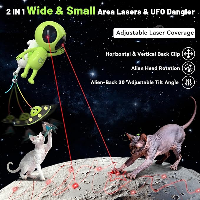 ORSDA Laser Cat Toys for Indoor Cats, 2 in 1 Interactive Automatic Dual Laser & Catnip UFO Dangler for Kitten Toys, Truly Random Trajectory Radar Motion-Activated, Rechargeable 4 Modes, Clamp Design
