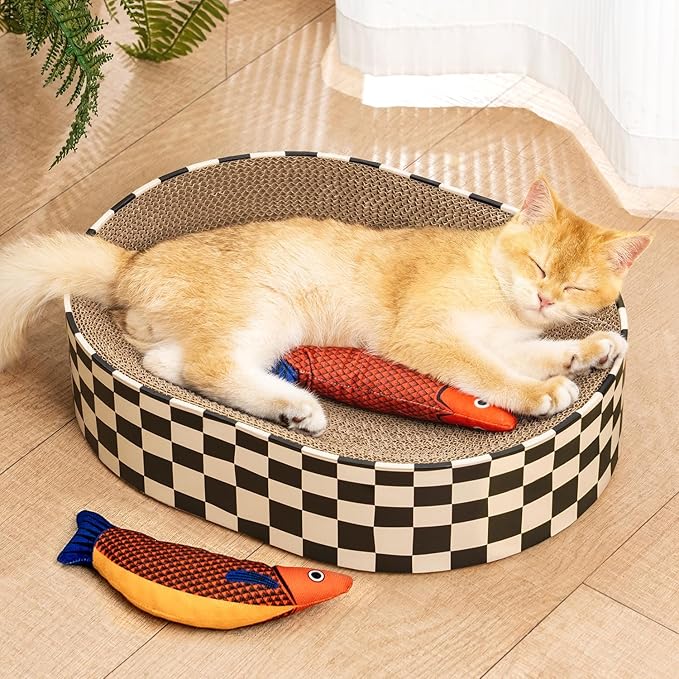 Conlun Cat Scratcher Bed,2 in 1 Oval Cat Scratching Board for Indoor,Scratch Pad Corrugated Cardboard Lounge Bowl Nest Couch Sofas for Kitty Play&Rest,Holiday Birthday Gift with Kittens Toy Fish