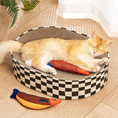 Conlun Cat Scratcher Bed,2 in 1 Oval Cat Scratching Board for Indoor,Scratch Pad Corrugated Cardboard Lounge Bowl Nest Couch Sofas for Kitty Play&Rest,Holiday Birthday Gift with Kittens Toy Fish