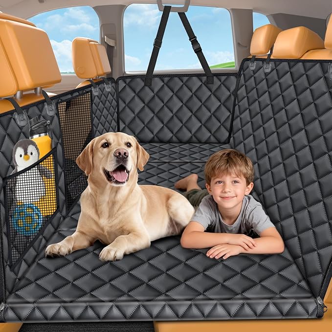 URPOWER Backseat Extender for Dogs - Hard Bottom Dog Car Seat Cover for Back Seat, Dog Hammock for Car and SUV, Pet Rear Seat Protector Dogs Travel Bed with Mesh Window & Side Flaps