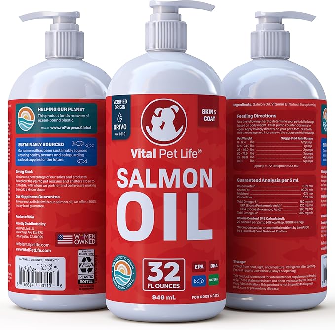 Salmon Oil for Dogs & Cats - Healthy Skin & Coat, Fish Oil, Omega 3 EPA DHA, Liquid Food Supplement for Pets, All Natural, Supports Joint & Bone Health, Natural Allergy & Inflammation Defense, 32 oz