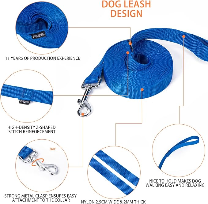 Siumouhoi Strong Durable Nylon 15ft Long Dog Training Leash, Traction Rope, 1 Inch Wide, for Small and Medium Dog (Blue, 15 Feet)