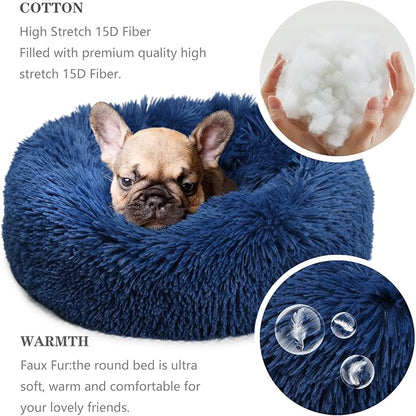 Calming Donut Dogs Beds for Small Dogs Washable,19inch Fluffy Round Puppy Bed for Puppies,Cats & Toy Breeds with Raised Rim,Fits up to 15 lbs Pets,Navy Blue