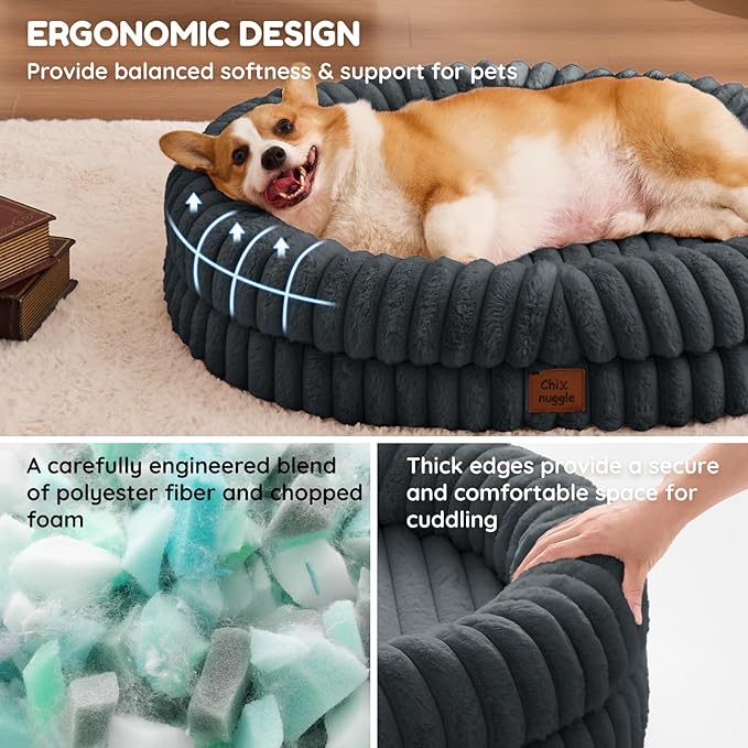 ChiXnuggle Dog Bed Large Sized Dog - Luxury Striped Faux Fur Waterproof Pet Couch with Removable Washable Cover, Orthopedic Pet Bed with Bolster Sides for Sleeping, Dark Grey
