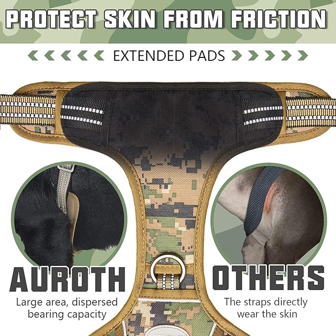 AUROTH Tactical Dog Harness for Large Dogs No Pull Adjustable Pet Harness Reflective K9 Working Training Easy Control Pet Vest Military Service Dog Harnesses Woodland Camo XXL