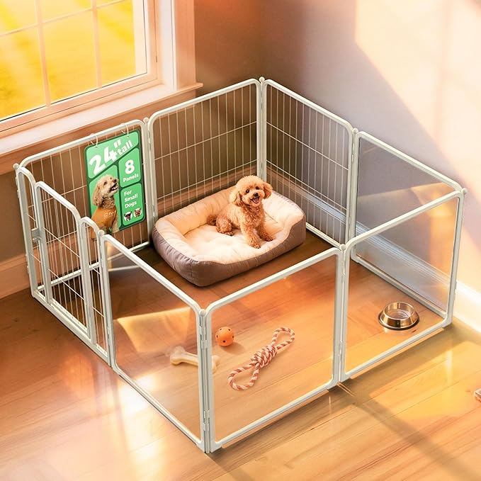 FXW Acrylic & Wire Mesh Indoor Dog Playpen, Heavy Duty 24 Inch 8 Panels Metal Dog Pen for Puppy and Small Dogs, White│Patented