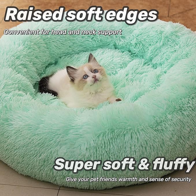 Anti Anxiety Round Fluffy Plush Faux Fur Warm Washable Dog Bed & Cat Bed, Original Bed for Small Medium Large Pets,Used to Relieve Joints and Improve Sleep（20"/24"/27''） (24", Light Green)