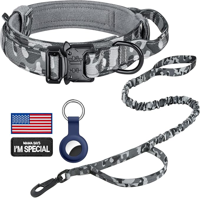 DAGANXI Tactical Dog Collar, Adjustable Military Training Nylon Dog Collar with Control Handle and Heavy Metal Buckle for Medium and Large Dogs, with Patches and Airtags Case (M, Camo-Set)