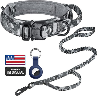 DAGANXI Tactical Dog Collar, Adjustable Military Training Nylon Dog Collar with Control Handle and Heavy Metal Buckle for Medium and Large Dogs, with Patches and Airtags Case (M, Camo-Set)