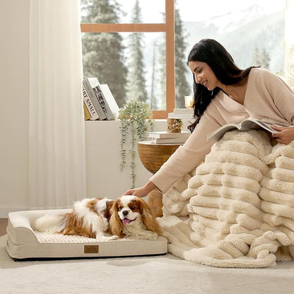 COZY KISS Orthopedic Dog Bed for Medium Small Size Dog, Dogs Crate Bed, L Shaped Foam Anti-Slip Bottom Pet Cat Sofa with Washable Removable Cover, Suitable for Pet Up to 40 lbs, 30x20x6.5 inch, Beige