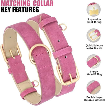 Beirui Soft Padded PU Leather Dog Collar and Leash Set, Durable Dog Leash and Collar Set with Metal Buckle, Breathable Pet Collars with 4FT Leash for Large Dogs(Rose, Neck 16-21")