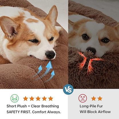 OhGeni 31 inches Calming Donut Orthopedic Dog & Cat Bed for Medium Pets, Warming Comfort Fluffy Short Pile Fur, Durable Waterproof Machine Washable Removable Cover, Cute Round Bed for Puppy, Brown