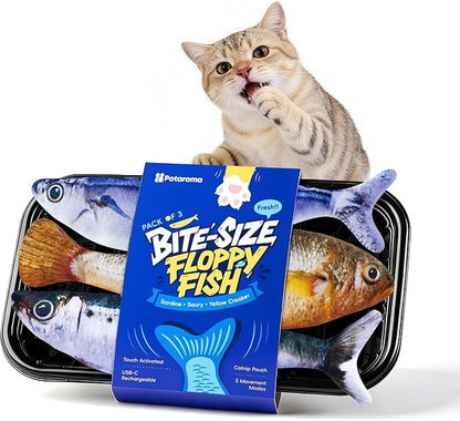 Potaroma Cat Toys Bite-Sized Flopping Fish with Catnip, Realistic Tap-Activated Moving Kitten Kicker, 3 Floppy Mode Wiggle Sardine/Saury/Yellow Croaker Interactive Motion Kitty Exercise