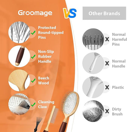 GROOMAGE Dog Brush for Long Haired Dogs, 27mm Extra Long Metal Pin Dog Deshedding Brush and Comb Set, Short Haired Shedding Grooming Detail Pets Brush Set with Rubber Handle
