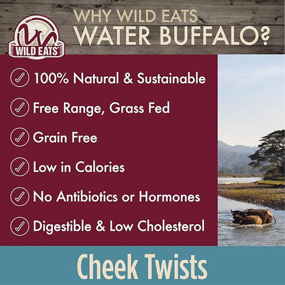 Wild Eats Water Buffalo Jerky Wrapped Cheek Twist Dog Chews - 10 Pack (Healthy Alternative for Beef Rawhides for Dogs, Natural Treat, Single Source Protein Dog Treat)