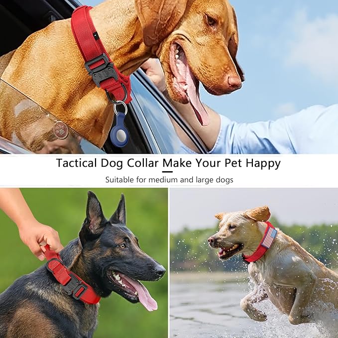 DAGANXI Tactical Dog Collar, Adjustable Military Training Nylon Dog Collar with Control Handle and Heavy Metal Buckle for Medium and Large Dogs, with Patches and Airtags Case (Red, L)