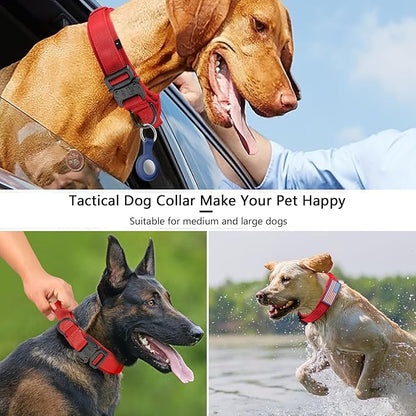 DAGANXI Tactical Dog Collar, Adjustable Military Training Nylon Dog Collar with Control Handle and Heavy Metal Buckle for Medium and Large Dogs, with Patches and Airtags Case (Red, L)
