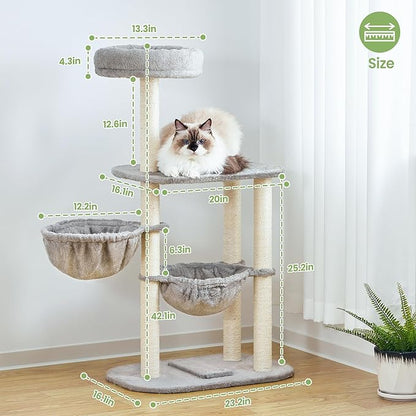 Small Cat Tree Tower with Scratching Post Condo Indoor - 42 Inch Cats Bed Hammock Perch for 2 Corner Cats Large Adult - Medium Short Compact Multi Level Cat House - Tall Climbing Gym Towers Furniture