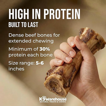 K9warehouse USA Marrow Bones for Dogs – All-Natural 5-6" Beef Bone Marrow Dog Treats – Long Lasting Bones for Aggressive Chewers – High-Protein Chews for Small, Medium, Large & Extra Large Breeds