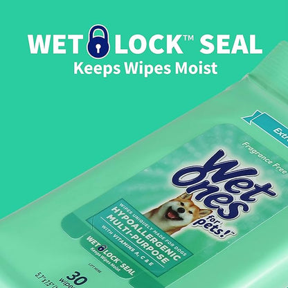 Wet Ones Multi Purpose Pets Wipes, 300 Count, Fragrance Free, Dog Wipes with Vitamins A C and E, Wet Lock Seal