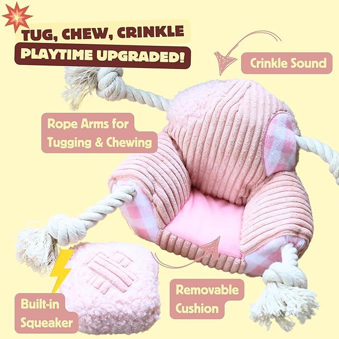 Pawfoo Lab Squeaky Dog Toys, Durable Tug of War Chew Toys for Small, Medium and Large Dogs, Interactive Puppy Toy for Teeth Cleaning, Birthday Gift - Couch