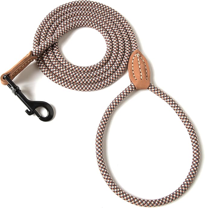 Mile High Life Small Dog Leash, Thin Rope Leash with Genuine Leather Connection and Heavy Duty Metal Clasp, Great for Small Medium Dogs(Brown,72 Inch-1/3)