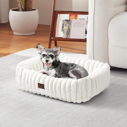 Warmrest Washable Dog Bed for Small Medium Dogs - Rectangle Orthopedic Corduroy Fleece Pet Bed with Removable Cover and Nonskid Bottom, Calming Puppy Bed Soft Pet Sofa, Cream(20x19x6inchs)