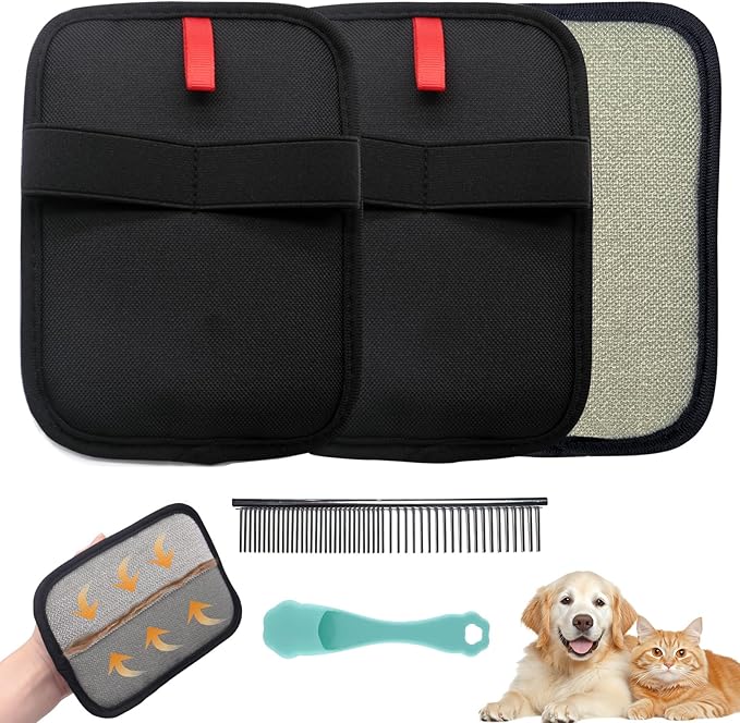 Pet Hair Removal Glove for Small Hands, 2Pcs Electrostatic Dog Cat Hair Remover Gloves for Furniture Car Seat Couch, Reusable Grooming & Shedding Tool with Free Steel Comb & Toothbrush