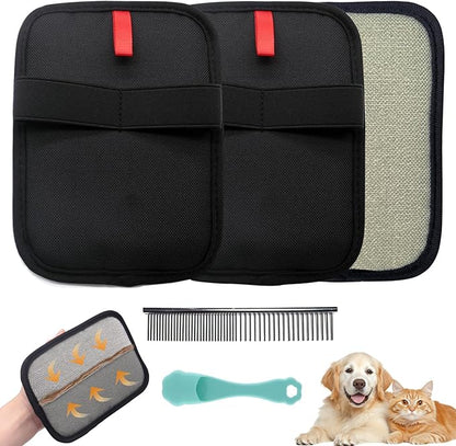 Pet Hair Removal Glove for Small Hands, 2Pcs Electrostatic Dog Cat Hair Remover Gloves for Furniture Car Seat Couch, Reusable Grooming & Shedding Tool with Free Steel Comb & Toothbrush