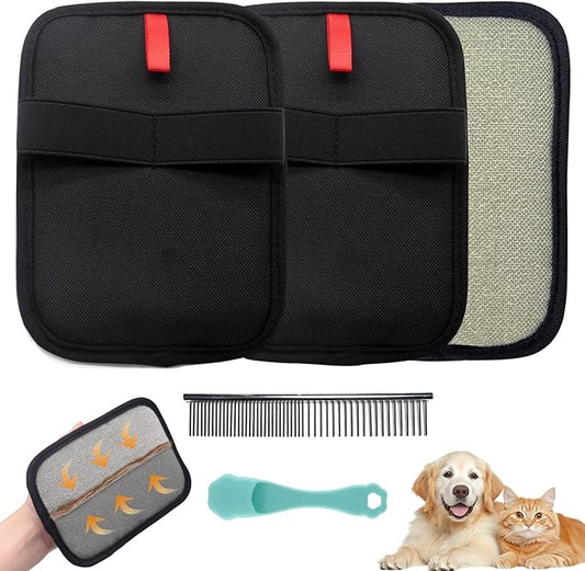 Pet Hair Removal Glove for Small Hands, 2Pcs Electrostatic Dog Cat Hair Remover Gloves for Furniture Car Seat Couch, Reusable Grooming & Shedding Tool with Free Steel Comb & Toothbrush