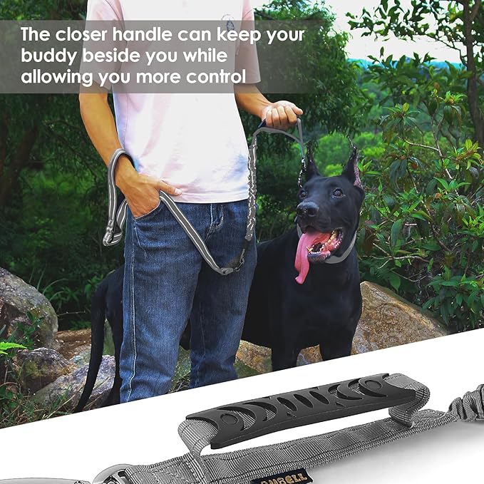 AUBELL Tactical Dog Leash Heavy Duty,4-6ft Reflective Strong No Pull Bungee Leash for Small Dogs with Comfortable Padded Double Handle,Car Seat Belt,360 Degree Rotating Carabiner,Grey