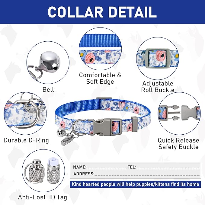 GAMUDA Small Dog Harness Collar and Leash Set, Step in No Chock No Pull Soft Mesh Adjustable Dog Vest Harnesses Plaid Reflective for Dogs Puppy Cats Kitten Rabbit (Blue Flower, M)