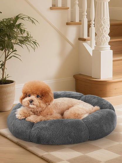 OhGeni 24 inches Calming Donut Dog & Cat Bed for Small Pets, Warming Comfort Fluffy Short Pile Fur, Durable Machine Washable, Cute Round Bed for Puppy and Kitten, Dark Gray