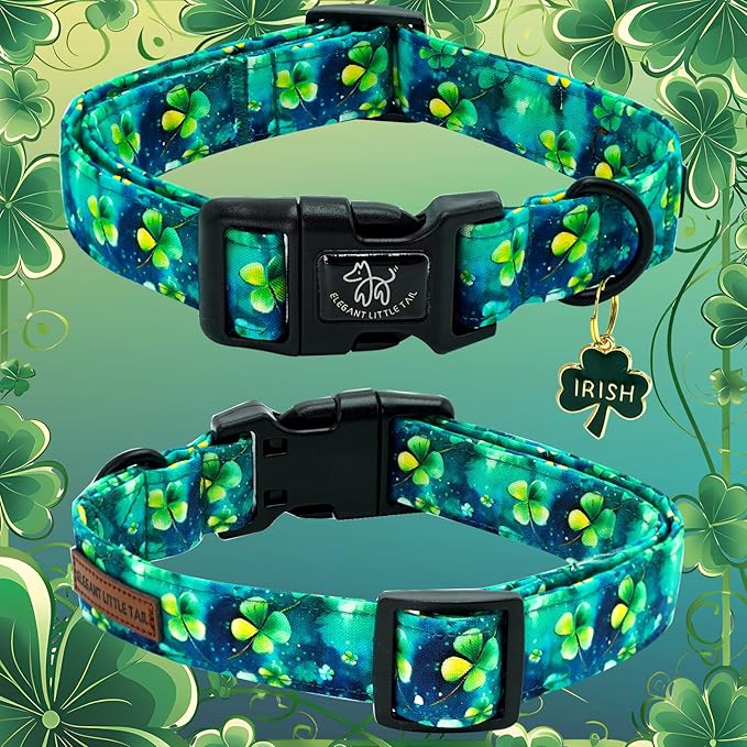 Elegant little tail St Patrick's Dog Collar-Green Cute Colver Cotton Shamrock Pet Collar Trefoil Holiday Adjustable Cotton Pet Collar with Quick Release Buckle for Small Medium Large Dogs