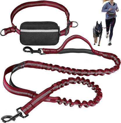 Hands Free Dog Leash with Waist Belt – No-Pull Bungee, Dual Padded Handles & Zipper Pouch for Running, Walking & Training – Adjustable Waist Leash for Large & Medium Dogs (Red)