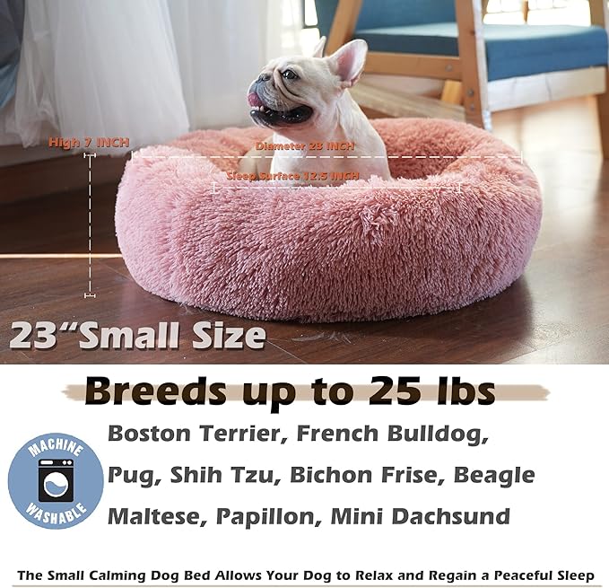 Calming Donut Dogs Beds for Small Dogs Washable,23inch Plush Round Pet Bed for Cozy Sleep,Fluffy Faux Fur Large Cat Bed,Fits up to 25 lbs Pets,Pink