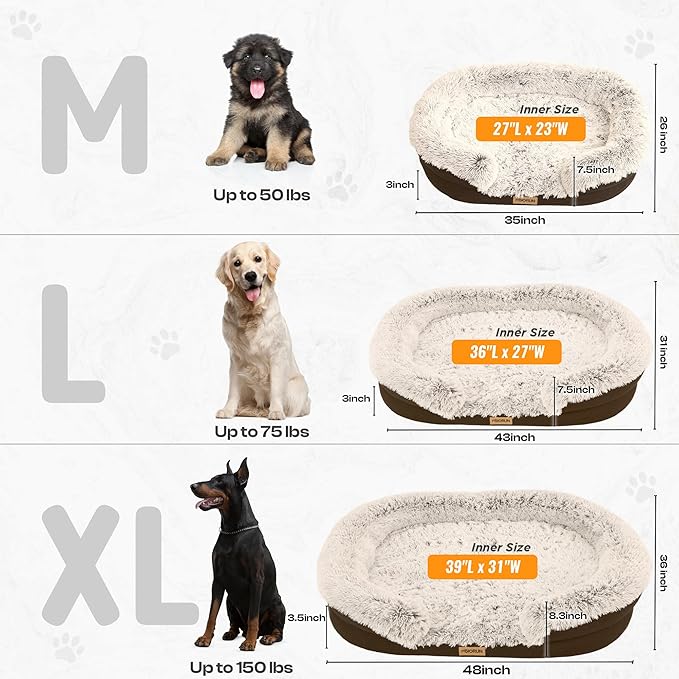 Miorun Fluffy Orthopedic Dog Bed for Extra Large Dogs, Calming Plush Sofa Bed with Curved Bolster Support and Egg-Crate Foam Base, 48" Cozy Oval Pet Donut Bed with Washable Cover, Coffee