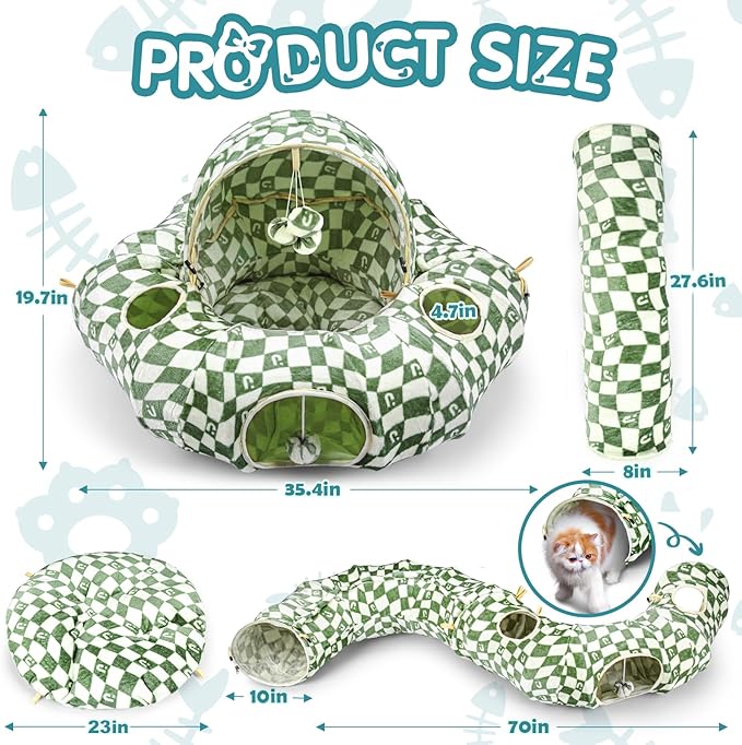 OUHOU Cat Bed and Tunnel Toy - Cat Donut with Straight Tunnel, Washable Cushion, 4 Hanging Balls, 6 Peek Holes, Collapsible, Green