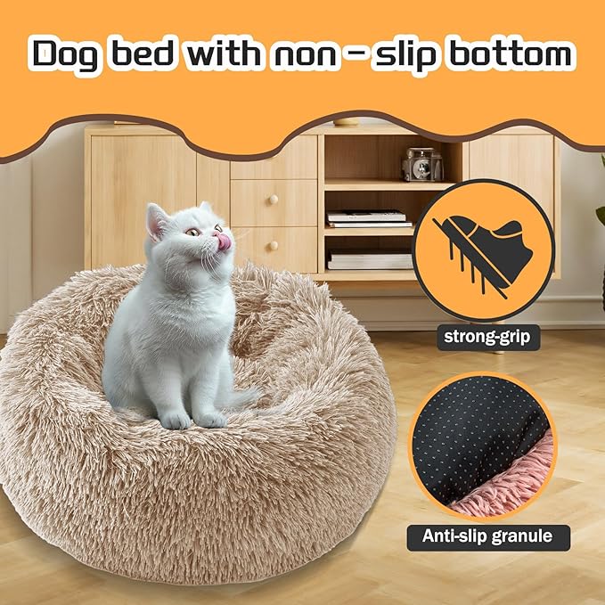 Comfort Donut Dog Bed for Small Dogs, Cat Bed & Pet Bed for Indoor Use, Medium Size with Soft Plush, Round Dog Beds for Large Dogs and Cats (Khaki, 20''Lx20''Wx8''Th)