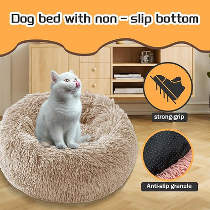Comfort Donut Dog Bed for Small Dogs, Cat Bed & Pet Bed for Indoor Use, Medium Size with Soft Plush, Round Dog Beds for Large Dogs and Cats (Khaki, 20''Lx20''Wx8''Th)