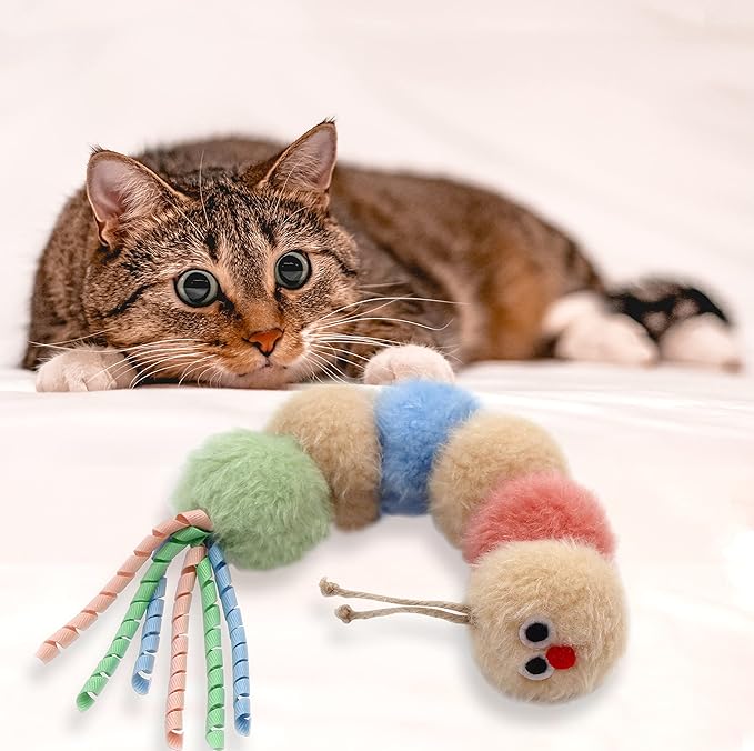 Jumpaws Interactive Natural Catnip Kicker, with Rattle and Ribbon, Bite Resistant, for All Ages Indoor Cat, Soft Caterpillar Kicker, Fluffy Kitten Toy